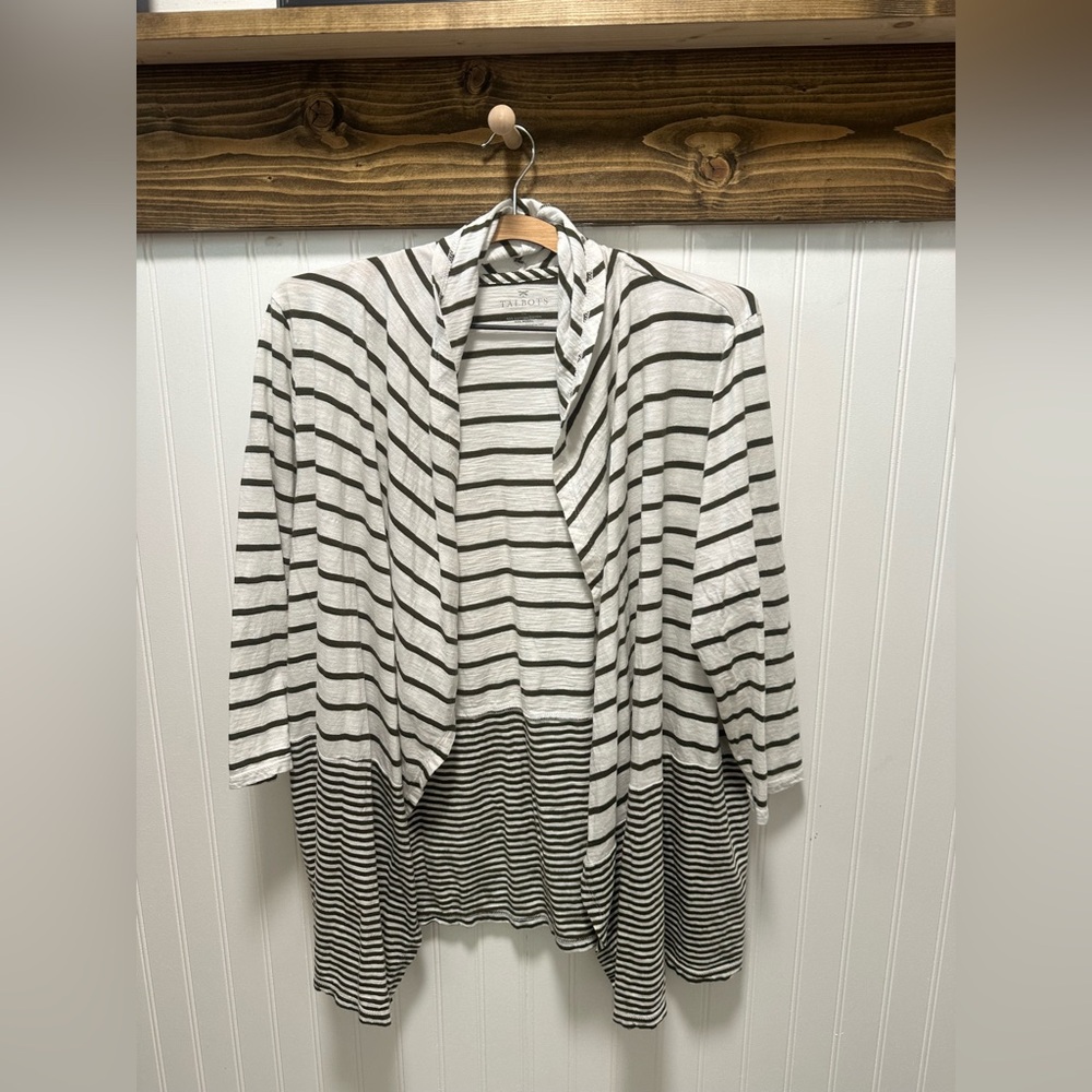 Talbots olive  and White Striped Open Cardigan Sz xl